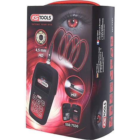 Schwarzes Gerät mit roter Bedienoberfläche, KS TOOLS Logo und Text. Im Hintergrund rotes Auge und Produktabbildung.